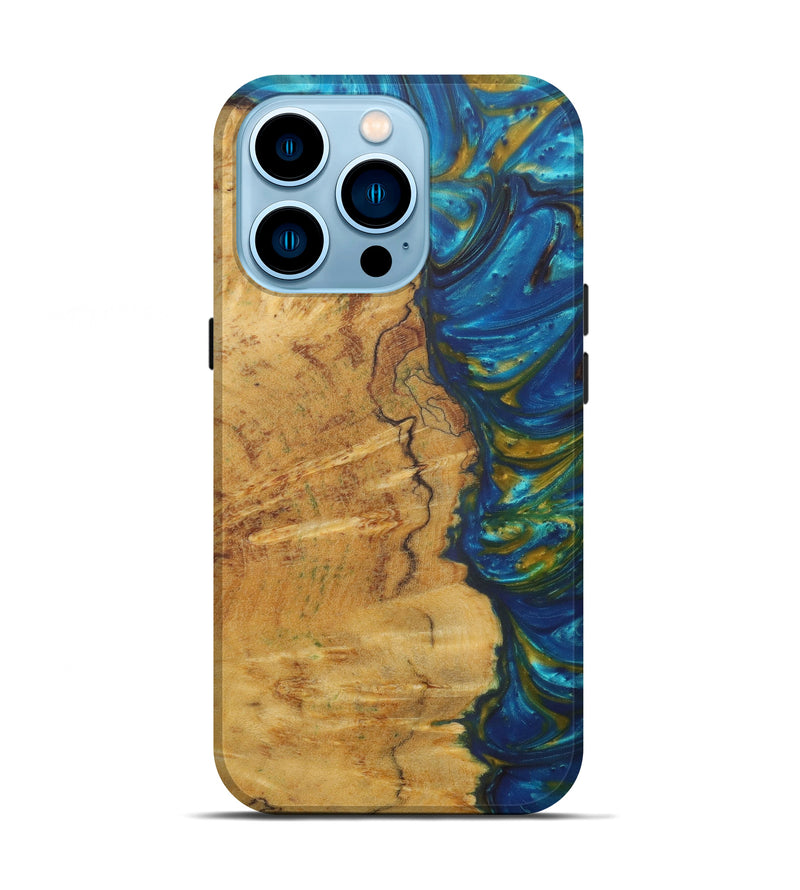 iPhone 14 Pro Wood+Resin Live Edge Phone Case - Rayshell (Teal & Gold, 581692)