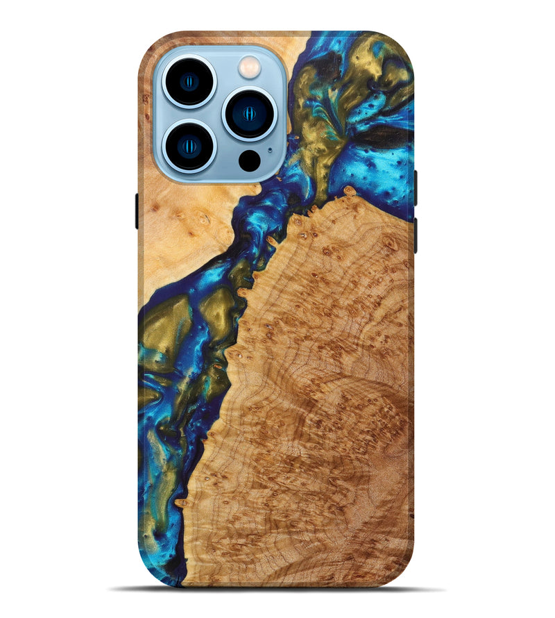 iPhone 14 Pro Max Wood+Resin Live Edge Phone Case - Jaylon (Teal & Gold, 627997)