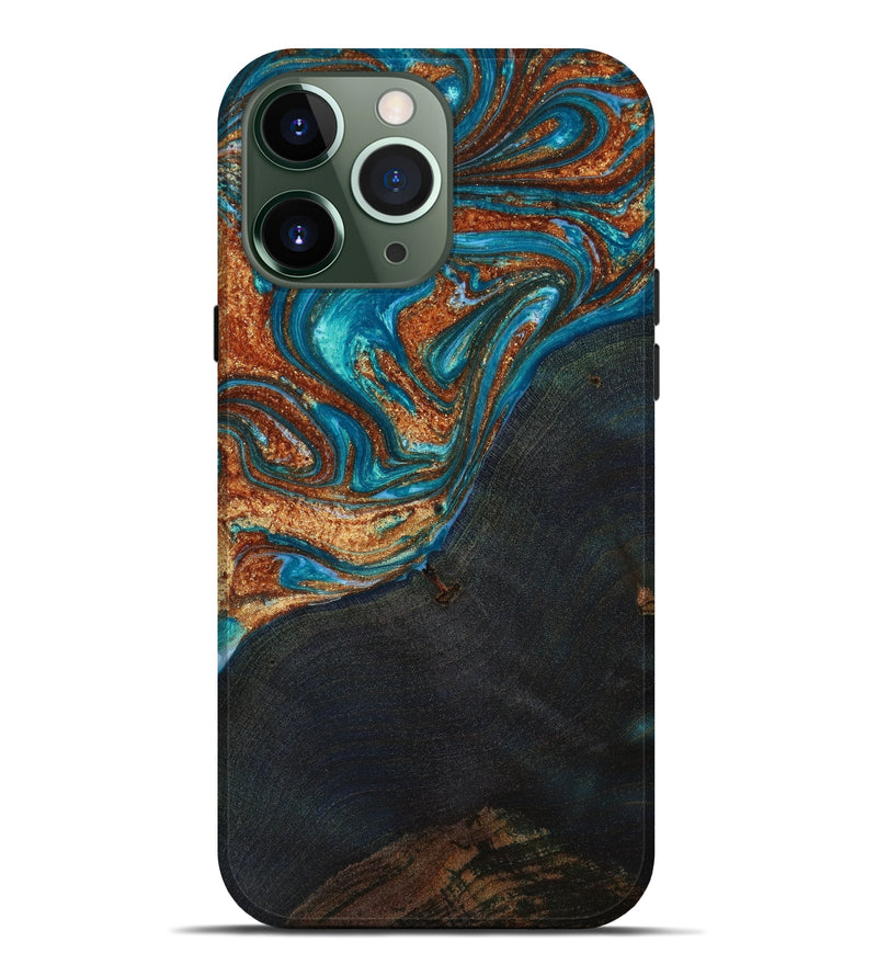 iPhone 13 Pro Max Wood+Resin Live Edge Phone Case - Beckham (Teal & Gold, 645984)