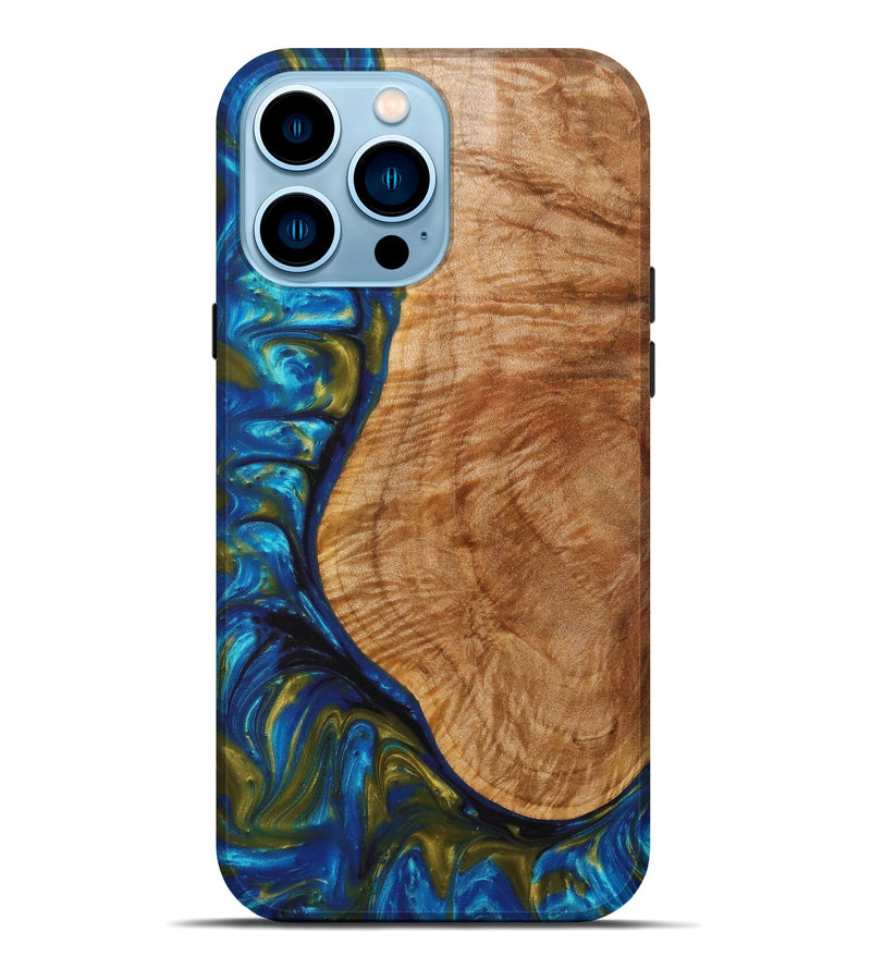iPhone 14 Pro Max Wood+Resin Live Edge Phone Case - Amii (Teal & Gold, 633131)