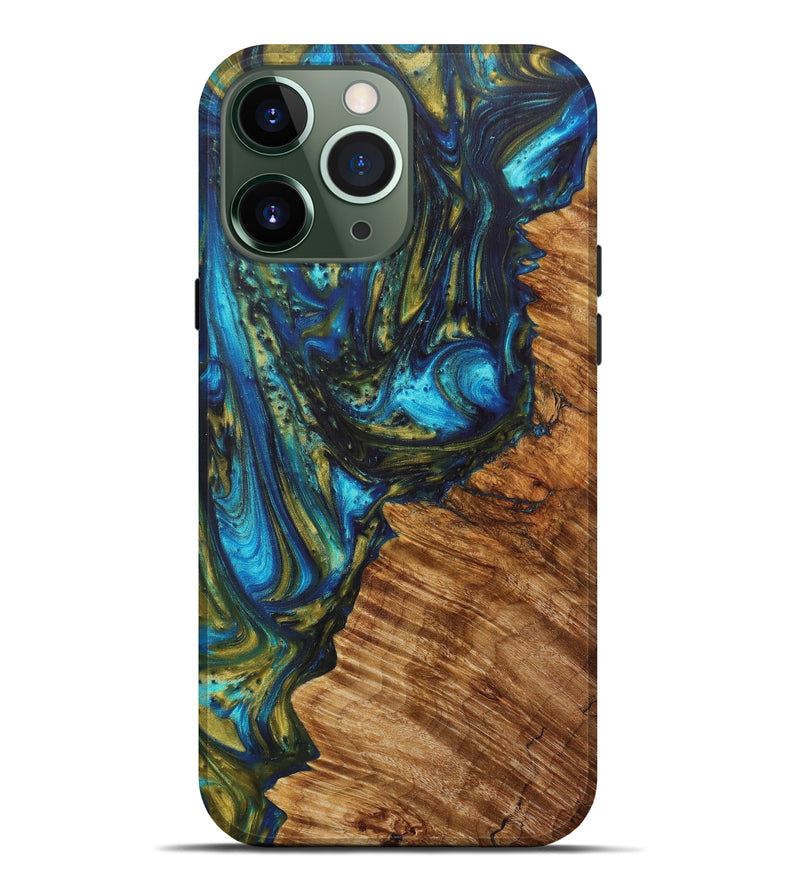 iPhone 13 Pro Max Wood+Resin Live Edge Phone Case - Jessenia (Teal & Gold, 628530)