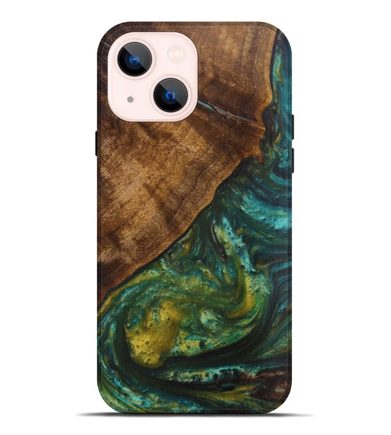 iPhone 14 Plus Wood+Resin Live Edge Phone Case - Rajinderpal (Teal & Gold, 604229)