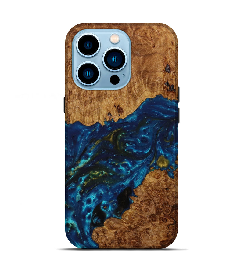 iPhone 14 Pro Wood+Resin Live Edge Phone Case - Susie (Teal & Gold, 644309)