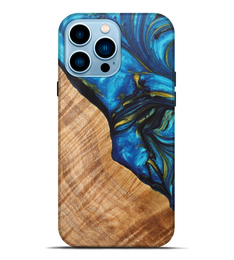 iPhone 14 Pro Max Wood+Resin Live Edge Phone Case - Rosa (Teal & Gold, 615825)