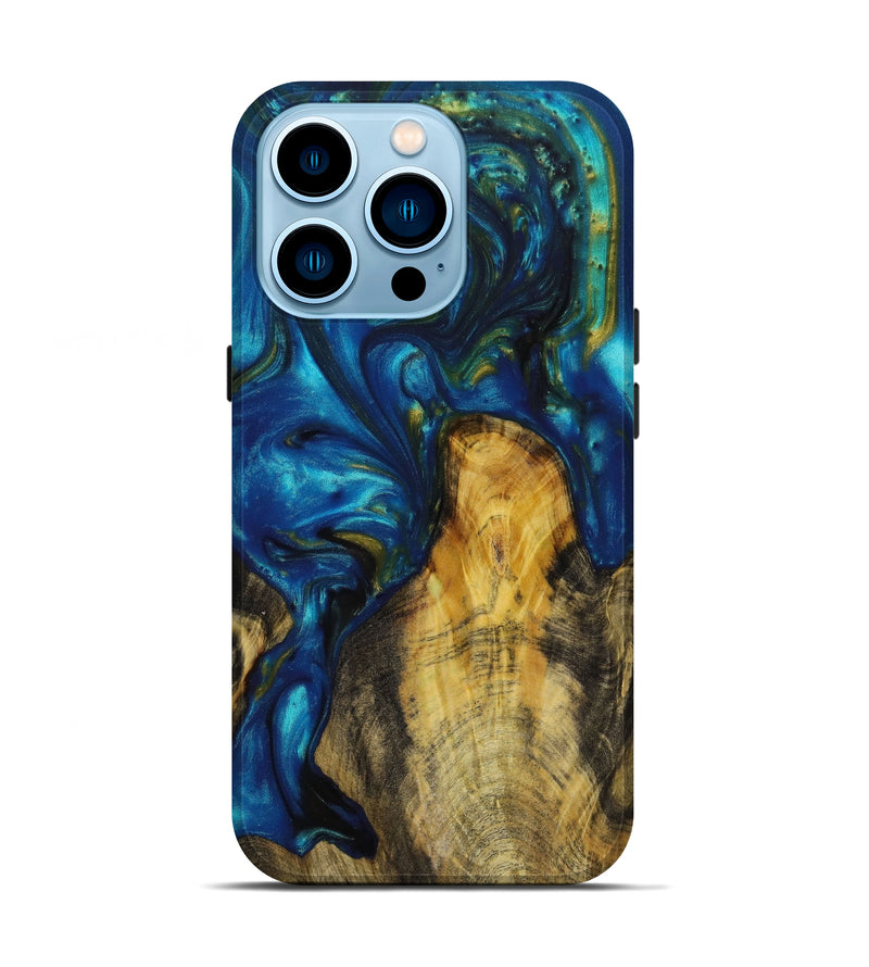iPhone 14 Pro Wood+Resin Live Edge Phone Case - Shari (Teal & Gold, 642682)