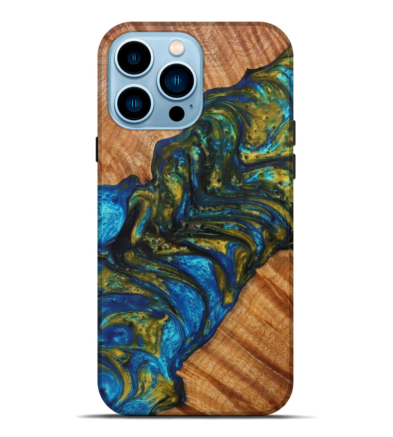 iPhone 14 Pro Max Wood+Resin Live Edge Phone Case - Caitlynn (Teal & Gold, 610371)