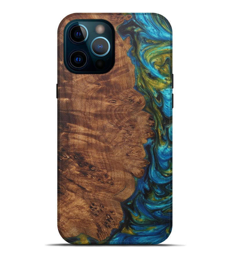 iPhone 12 Pro Max Wood+Resin Live Edge Phone Case - Garnet (Teal & Gold, 575519)