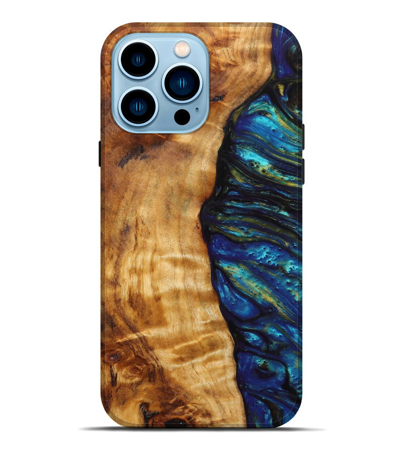 iPhone 14 Pro Max Wood+Resin Live Edge Phone Case - Dillon (Teal & Gold, 641204)