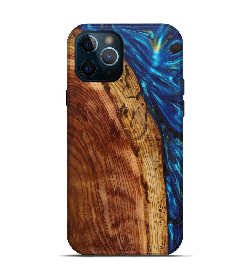 iPhone 12 Pro Wood+Resin Live Edge Phone Case - Merrily (Teal & Gold, 627407)