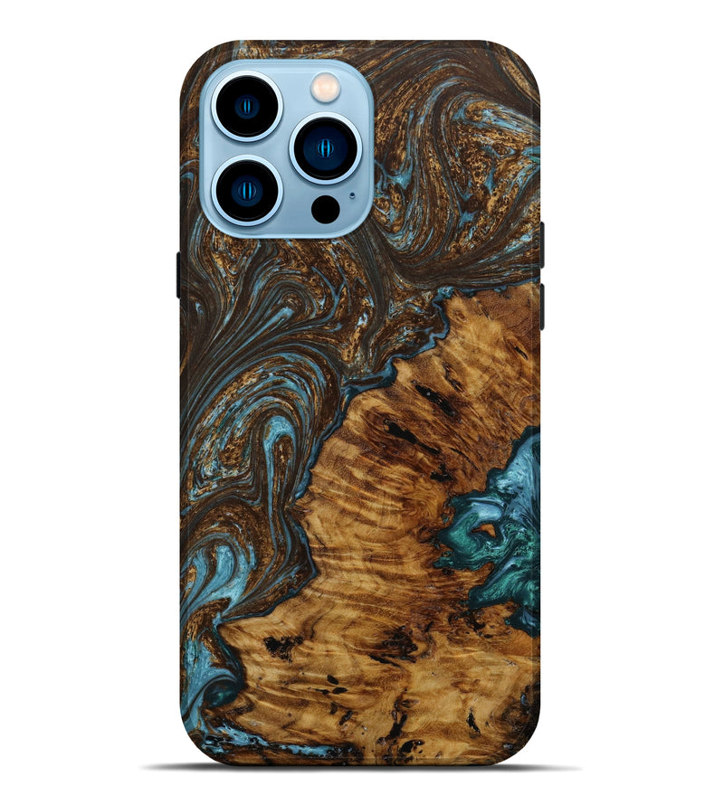 iPhone 14 Pro Max Wood+Resin Live Edge Phone Case - Wayne (Teal & Gold, 643198)