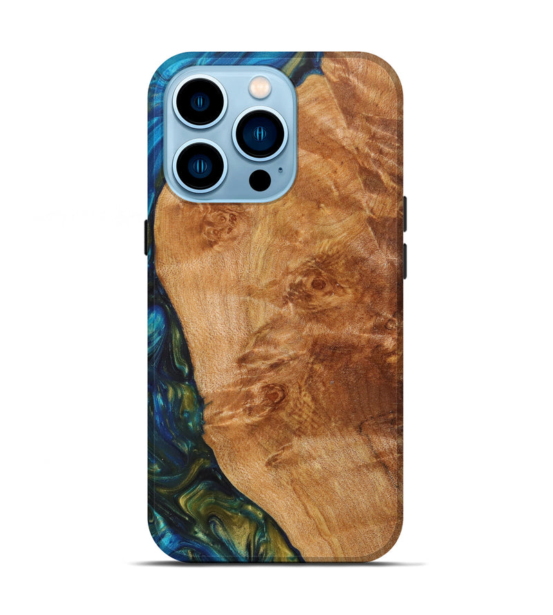iPhone 14 Pro Wood+Resin Live Edge Phone Case - Harriett (Teal & Gold, 625997)