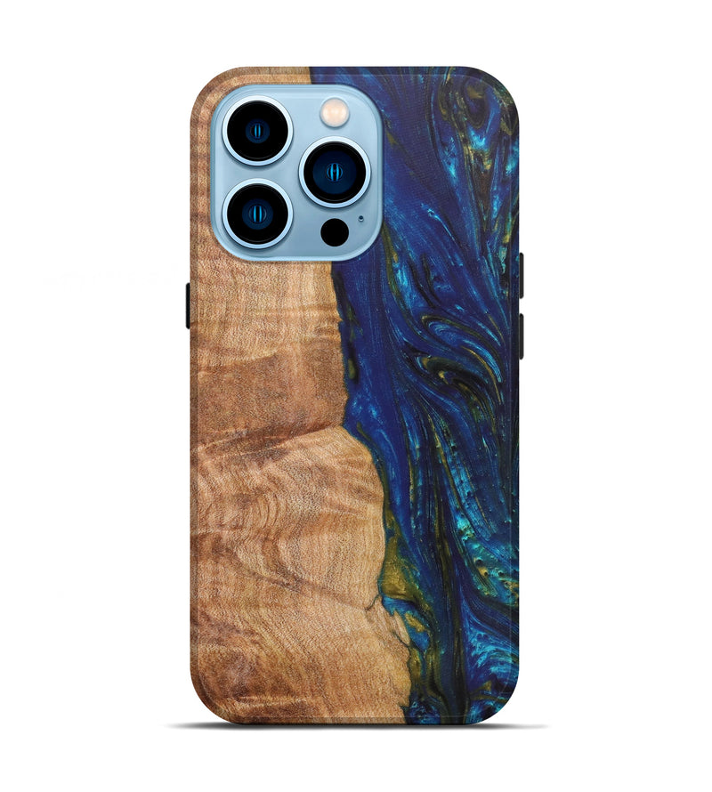 iPhone 14 Pro Wood+Resin Live Edge Phone Case - Destinee (Teal & Gold, 620753)
