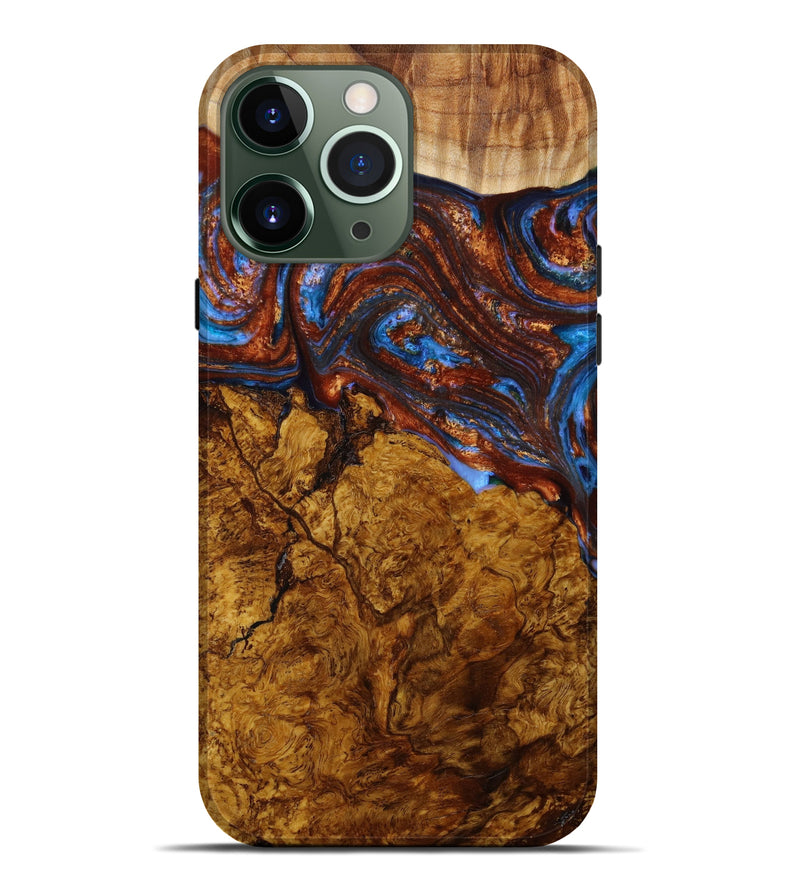 iPhone 13 Pro Max Wood+Resin Live Edge Phone Case - Nikki (Teal & Gold, 648568)