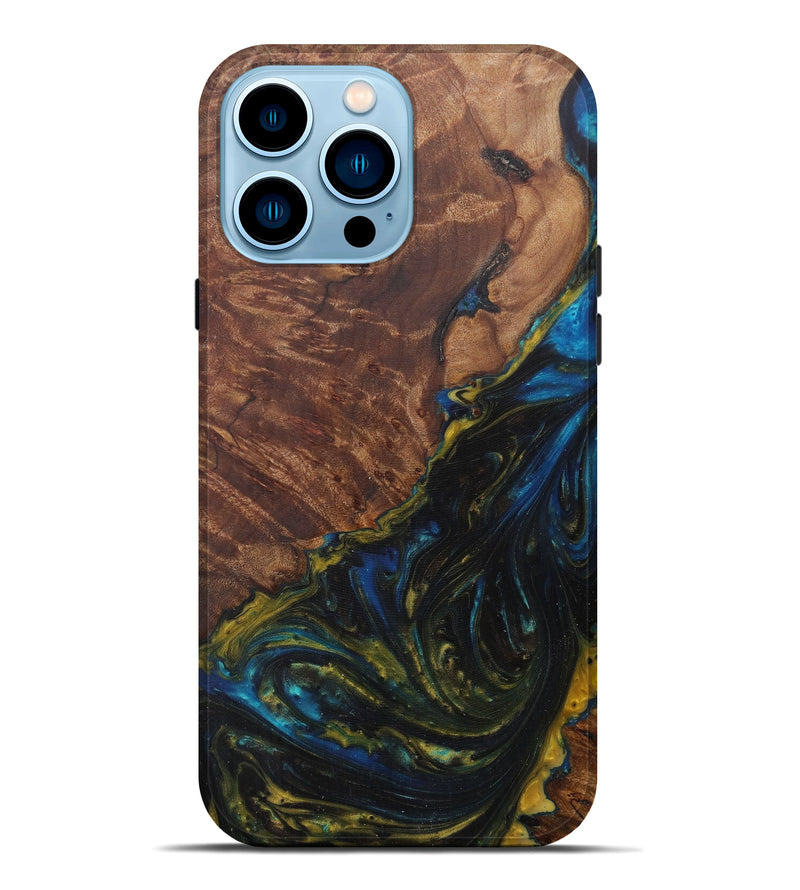 iPhone 14 Pro Max Wood+Resin Live Edge Phone Case - Hojjat (Teal & Gold, 590656)
