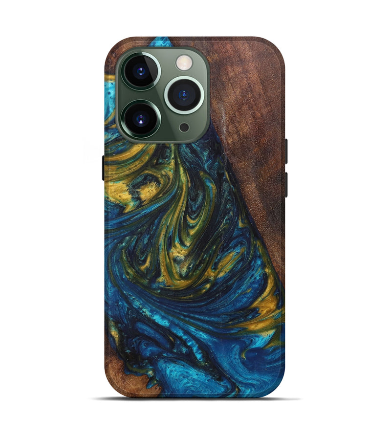 iPhone 13 Pro Wood+Resin Live Edge Phone Case - Willie (Teal & Gold, 621643)