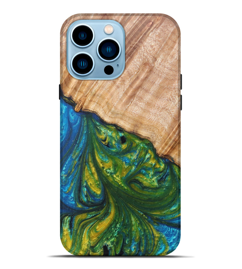 iPhone 14 Pro Max Wood+Resin Live Edge Phone Case - Jaspreet (Teal & Gold, 606799)