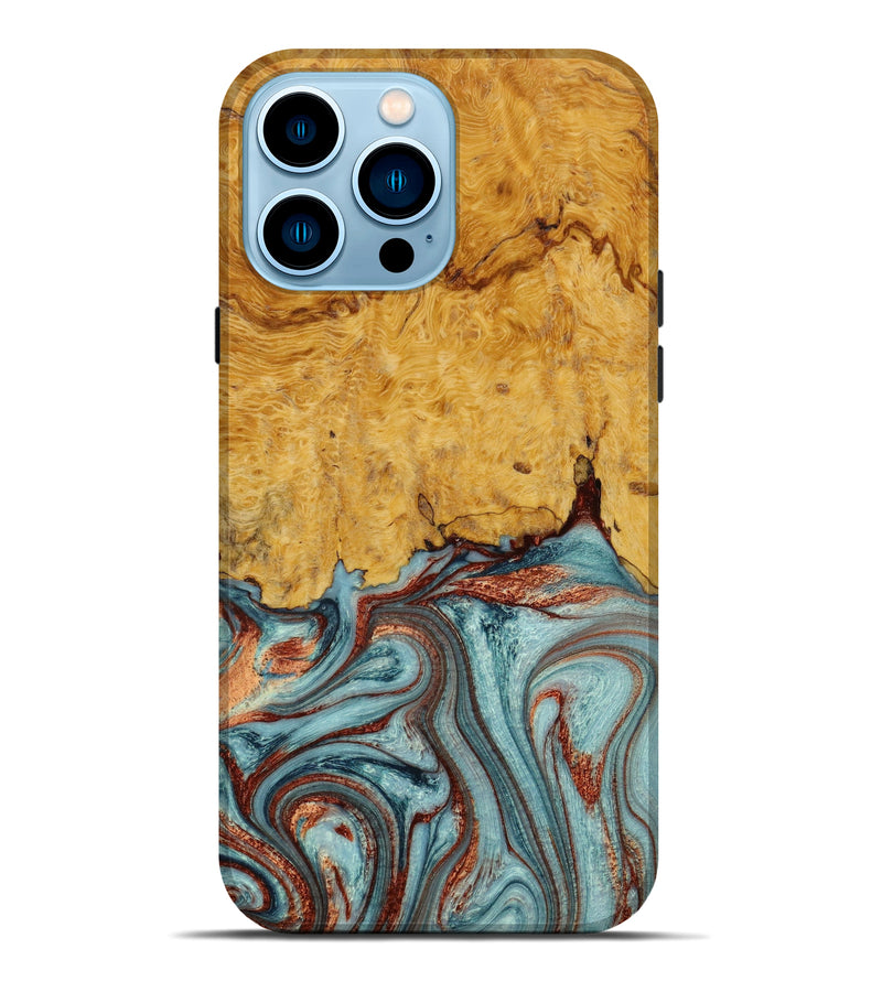 iPhone 14 Pro Max Wood+Resin Live Edge Phone Case - Andy (Teal & Gold, 648562)