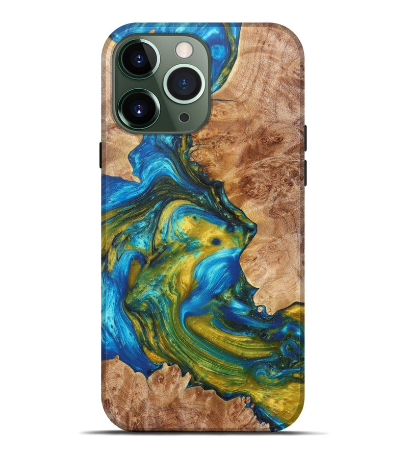 iPhone 13 Pro Max Wood+Resin Live Edge Phone Case - Clementine (Teal & Gold, 621636)