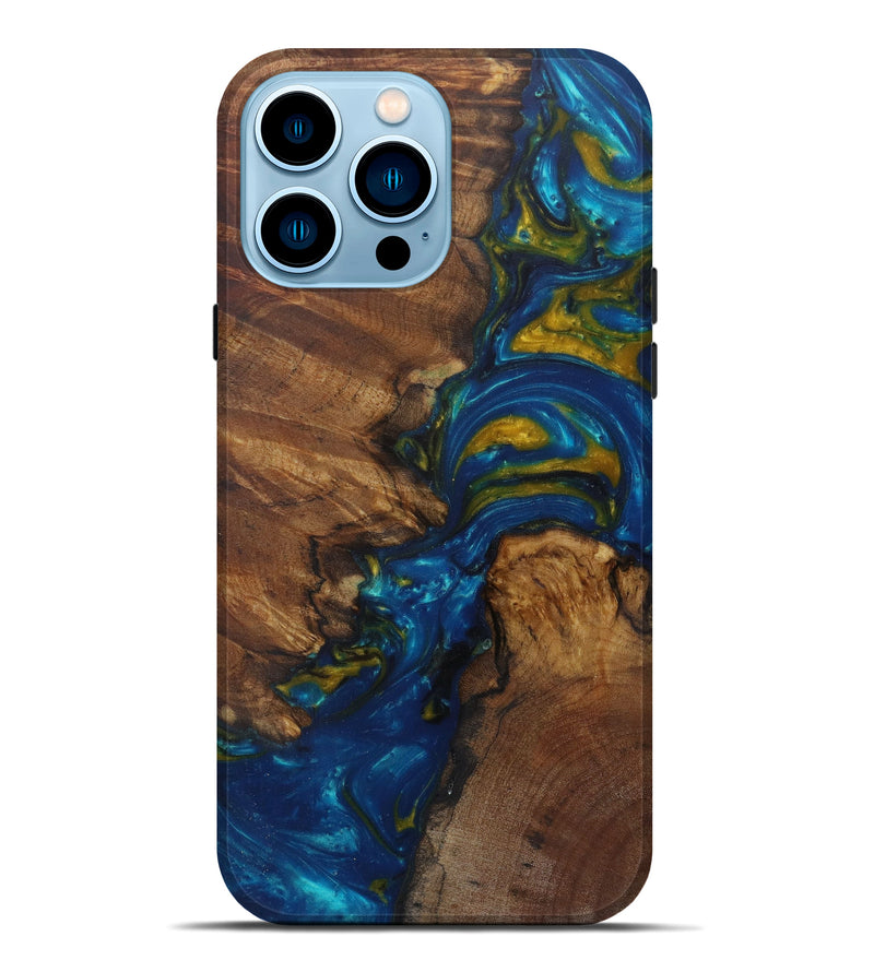 iPhone 14 Pro Max Wood+Resin Live Edge Phone Case - Cloris (Teal & Gold, 587762)