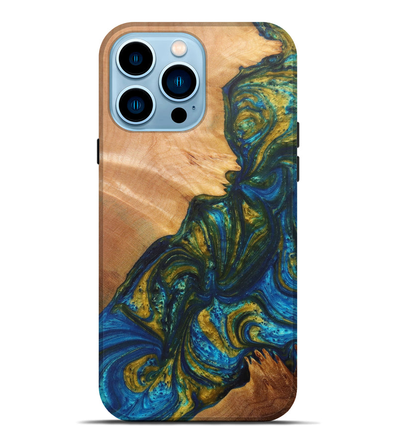 iPhone 14 Pro Max Wood+Resin Live Edge Phone Case - Katine (Teal & Gold, 597357)