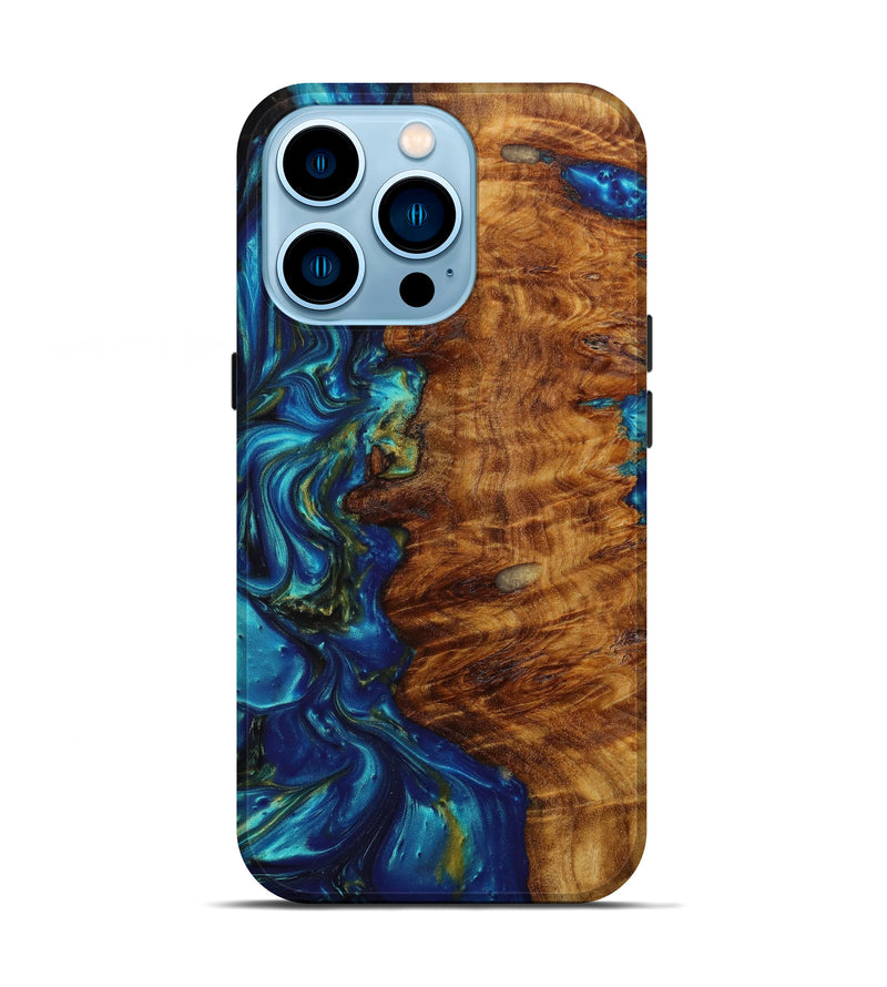 iPhone 14 Pro Wood+Resin Live Edge Phone Case - Ophelia (Teal & Gold, 642470)