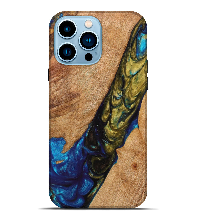 iPhone 14 Pro Max Wood+Resin Live Edge Phone Case - Calliope (Teal & Gold, 629357)