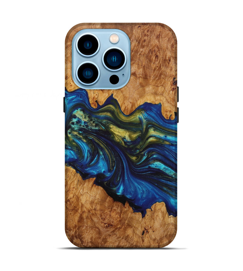 iPhone 14 Pro Wood+Resin Live Edge Phone Case - Jason (Teal & Gold, 637715)