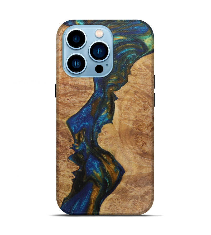 iPhone 14 Pro Wood+Resin Live Edge Phone Case - Base (Teal & Gold, 588715)