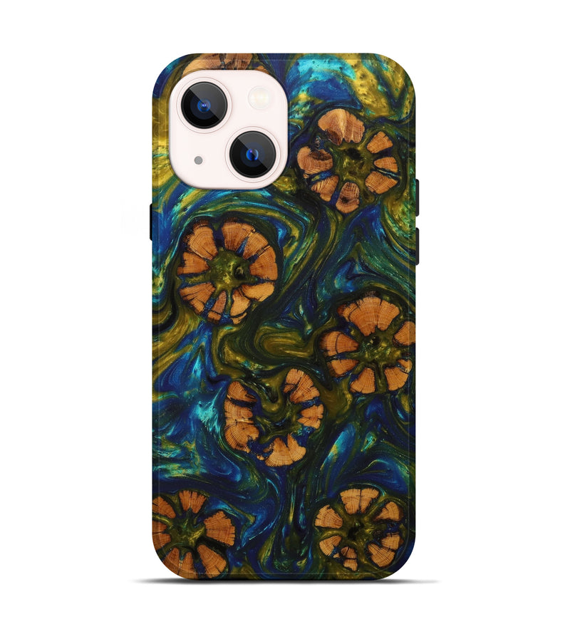 iPhone 13 Wood+Resin Live Edge Phone Case - Milagros (Teal & Gold, 623119)