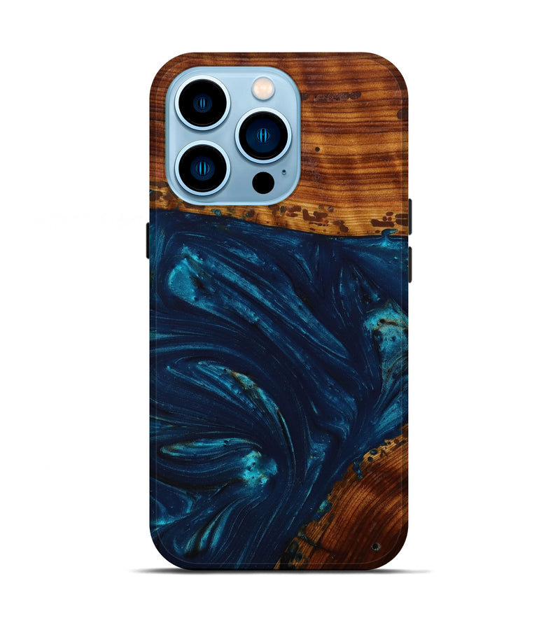 iPhone 14 Pro Wood+Resin Live Edge Phone Case - Warren (Teal & Gold, 644305)