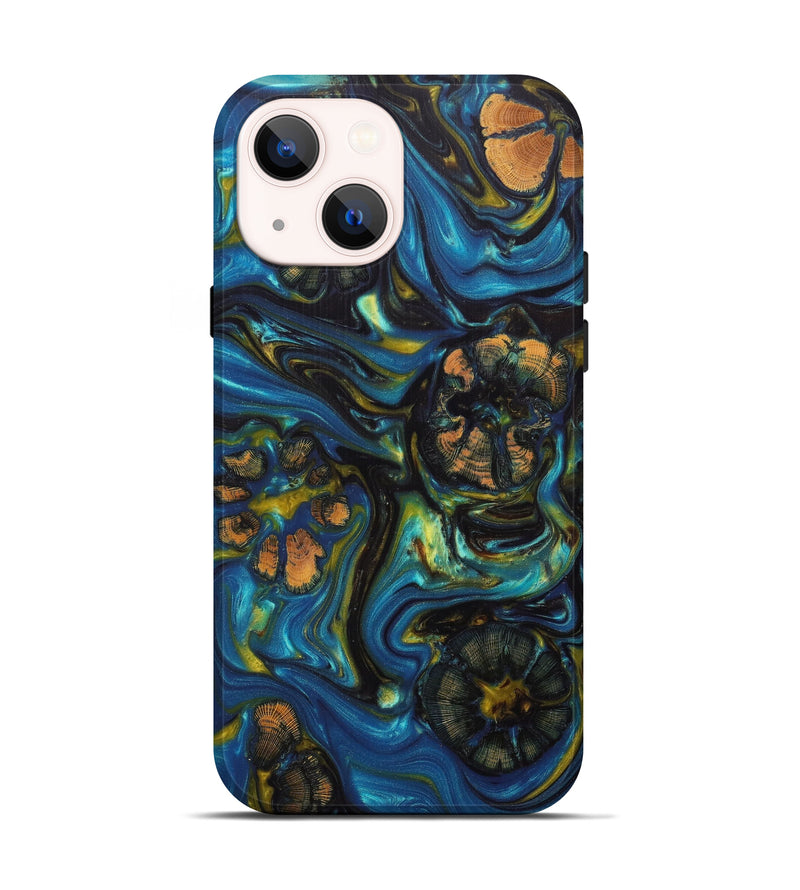 iPhone 13 Wood+Resin Live Edge Phone Case - Marga (Teal & Gold, 605209)