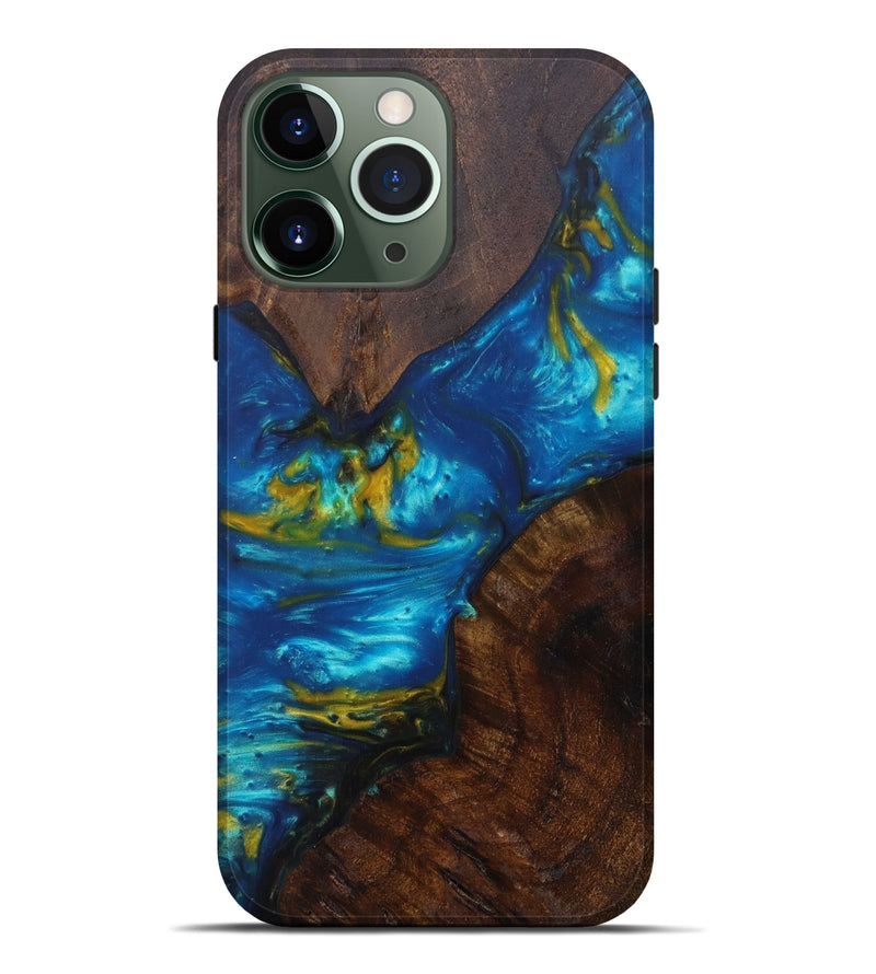 iPhone 13 Pro Max Wood+Resin Live Edge Phone Case - Akshay (Teal & Gold, 597326)