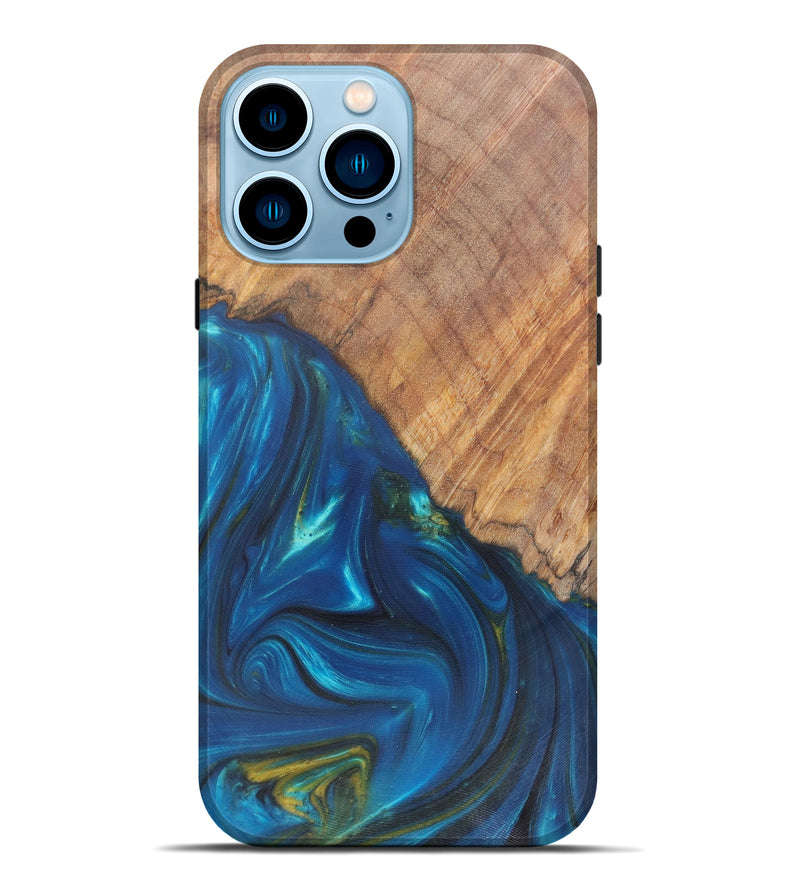 iPhone 14 Pro Max Wood+Resin Live Edge Phone Case - Athar (Teal & Gold, 590631)