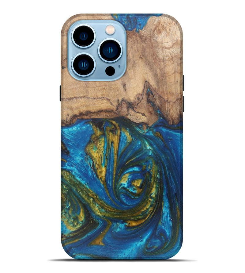 iPhone 14 Pro Max Wood+Resin Live Edge Phone Case - Gerianne (Teal & Gold, 590649)