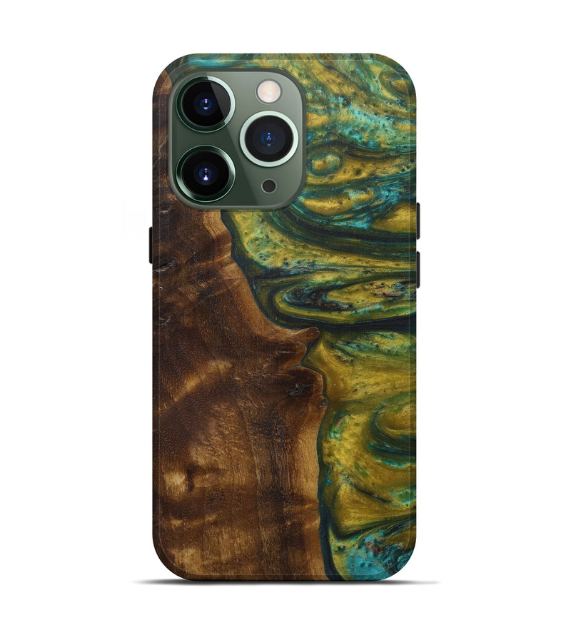 iPhone 13 Pro Wood+Resin Live Edge Phone Case - Deny (Teal & Gold, 594821)