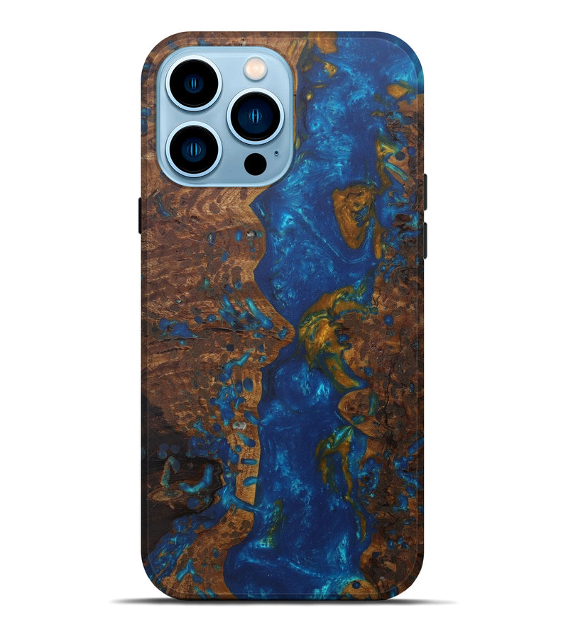iPhone 14 Pro Max Wood+Resin Live Edge Phone Case - Tiphanie (Teal & Gold, 592358)
