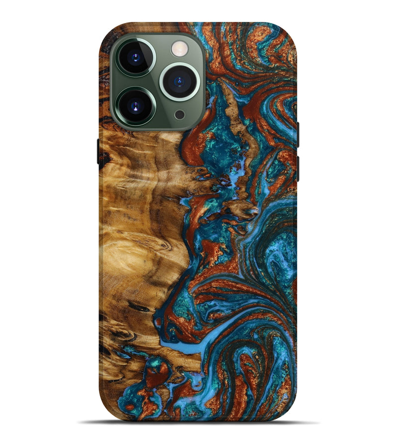 iPhone 13 Pro Max Wood+Resin Live Edge Phone Case - Lester (Teal & Gold, 647625)