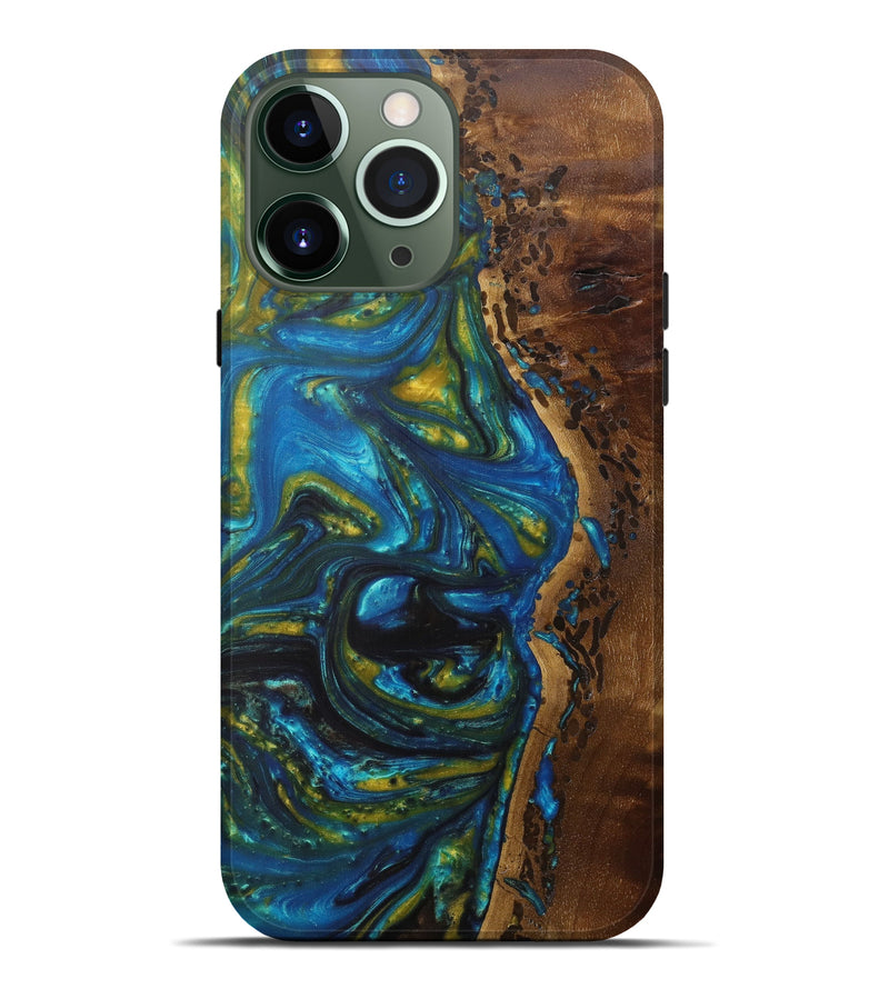 iPhone 13 Pro Max Wood+Resin Live Edge Phone Case - Nataly (Teal & Gold, 596311)