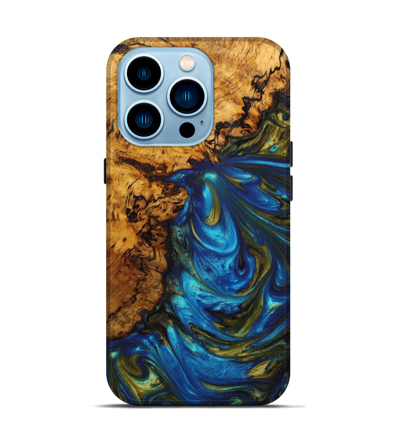 iPhone 14 Pro Wood+Resin Live Edge Phone Case - Cherish (Teal & Gold, 634167)