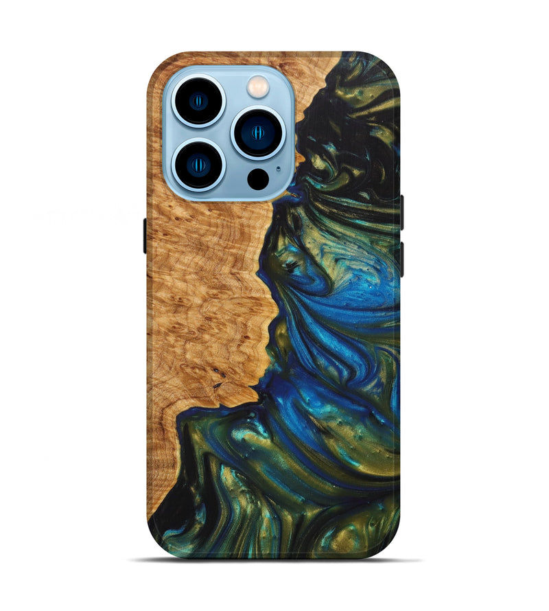 iPhone 14 Pro Wood+Resin Live Edge Phone Case - Calum (Teal & Gold, 627227)