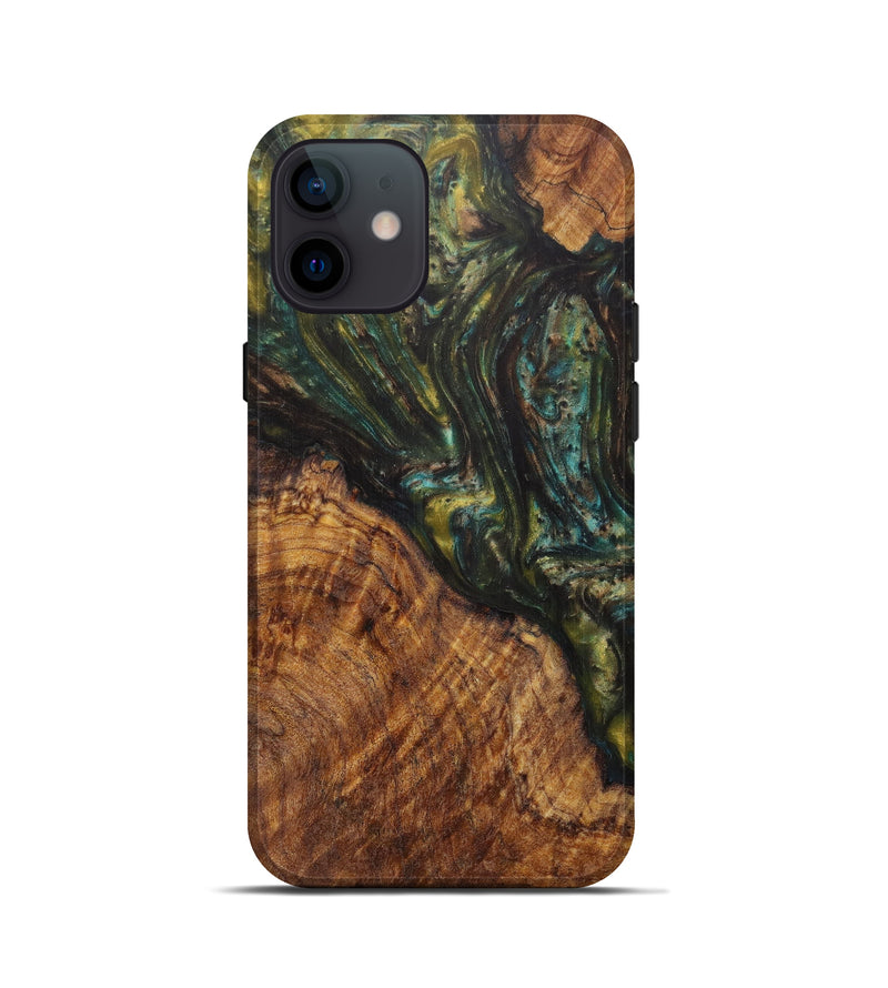 iPhone 12 mini Wood+Resin Live Edge Phone Case - Quoc (Teal & Gold, 599131)