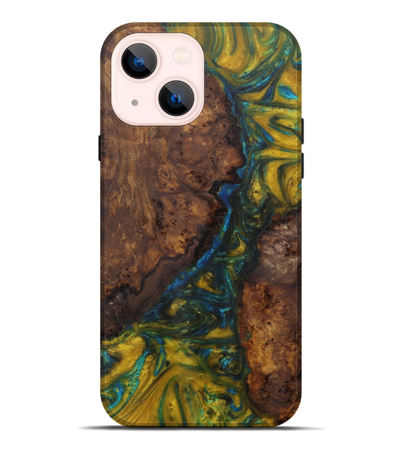 iPhone 14 Plus Wood+Resin Live Edge Phone Case - Asia (Teal & Gold, 594849)