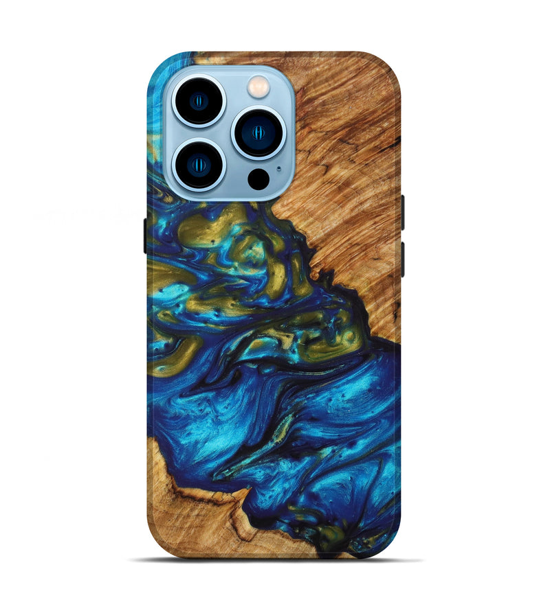 iPhone 14 Pro Wood+Resin Live Edge Phone Case - Rosalee (Teal & Gold, 628678)