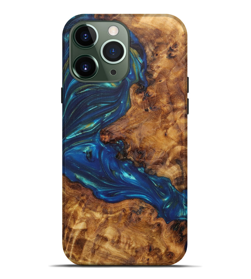 iPhone 13 Pro Max Wood+Resin Live Edge Phone Case - Raven (Teal & Gold, 636191)