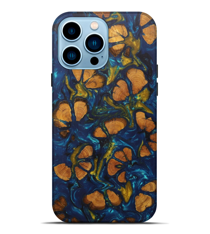 iPhone 14 Pro Max Wood+Resin Live Edge Phone Case - Katrina (Teal & Gold, 599179)