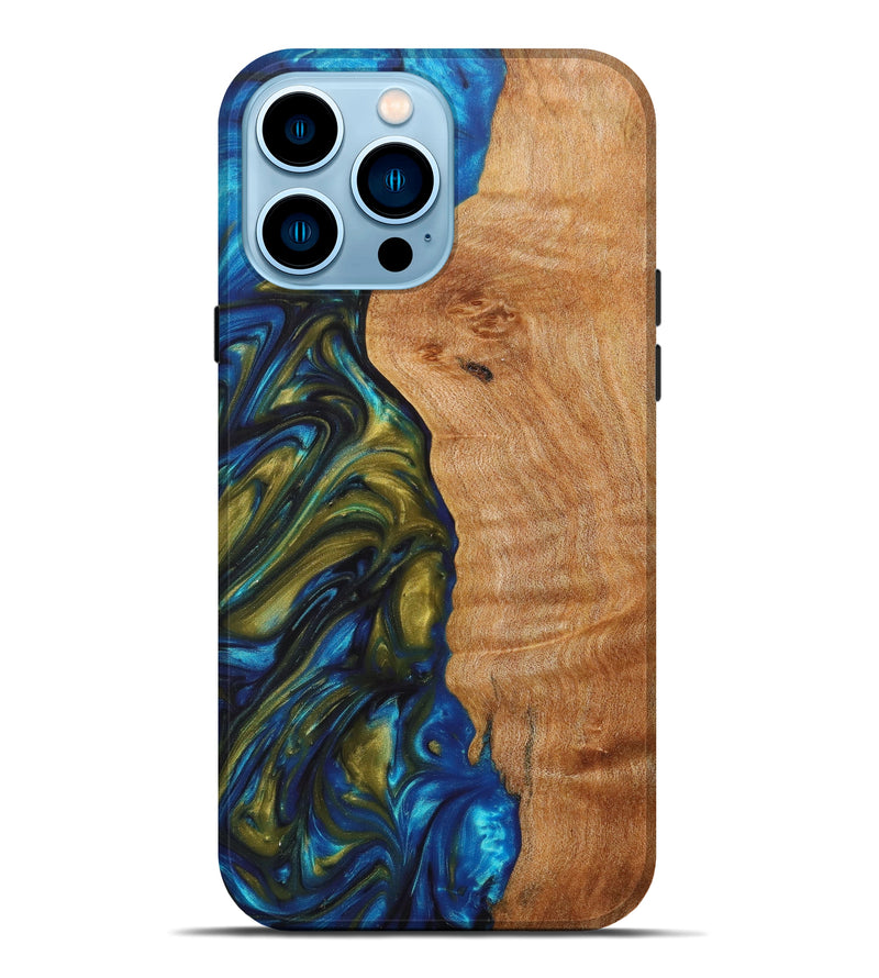 iPhone 14 Pro Max Wood+Resin Live Edge Phone Case - Milford (Teal & Gold, 627230)