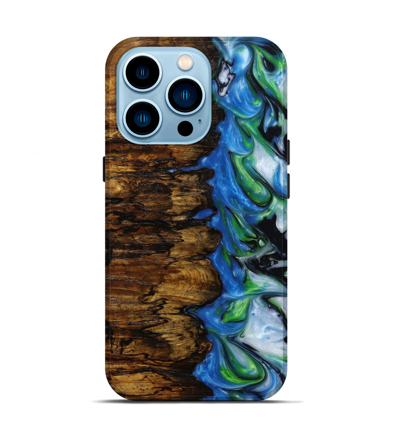 iPhone 14 Pro Wood+Resin Live Edge Phone Case - Gary (Green, 646910)