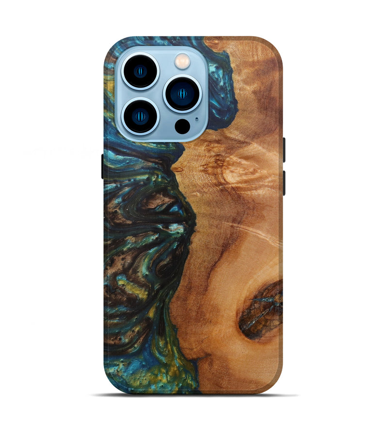 iPhone 14 Pro Wood+Resin Live Edge Phone Case - Neda (Teal & Gold, 599159)