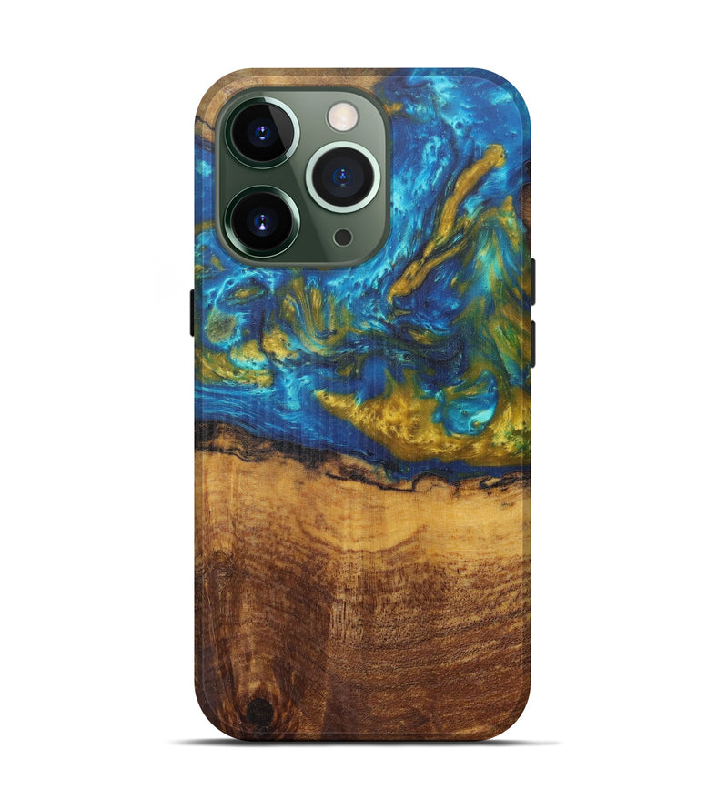 iPhone 13 Pro Wood+Resin Live Edge Phone Case - Danny (Teal & Gold, 594898)