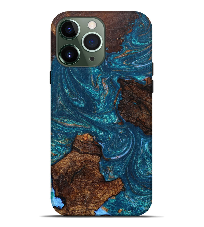 iPhone 13 Pro Max Wood+Resin Live Edge Phone Case - Genevieve (Teal & Gold, 645796)